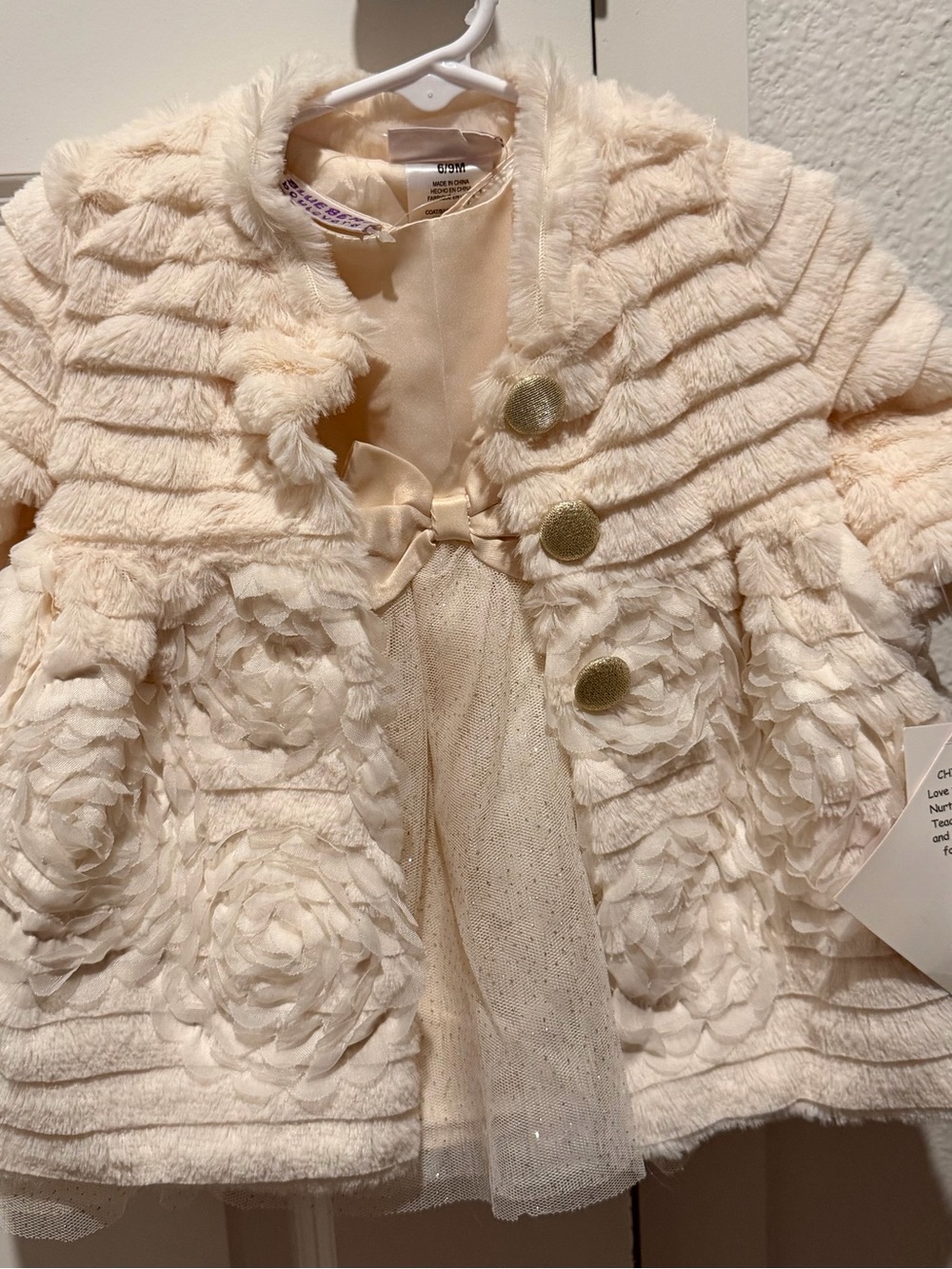 Girls Cream Floral Faux-Fur Coat - Elegant Party Jacket